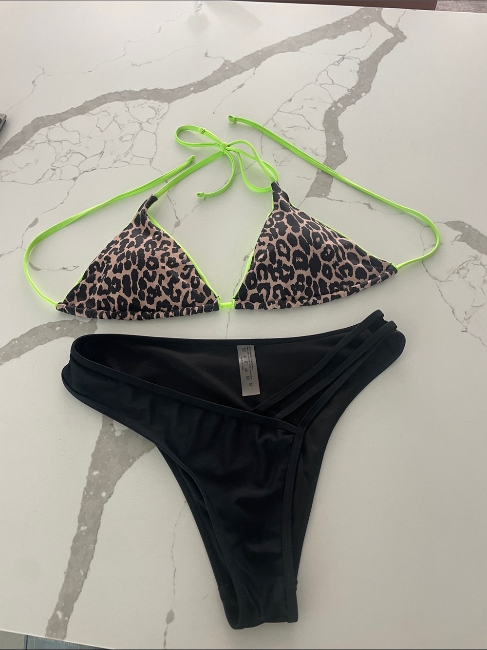 Neon Trim Leopard Triangle Bikini Top Large with Black Bottom Medium